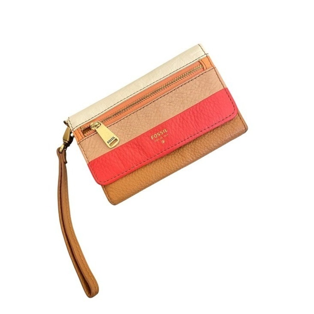 Fossil Leather Colorblock Wristlet Wallet Coral Tan Cream Trifold Clutch